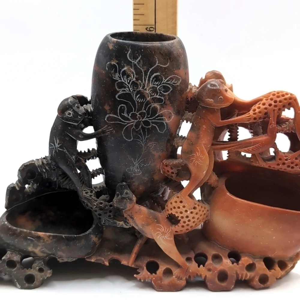 Vintage Asian Chinese Carved Soapstone Monkey Animal Vase - Brush Pot - Display